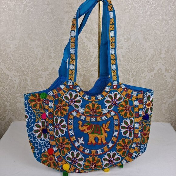 Handmade Colorful Embroidered Turquoise Tote Bag Elephant Floral Sequins NWOT - Picture 1 of 12